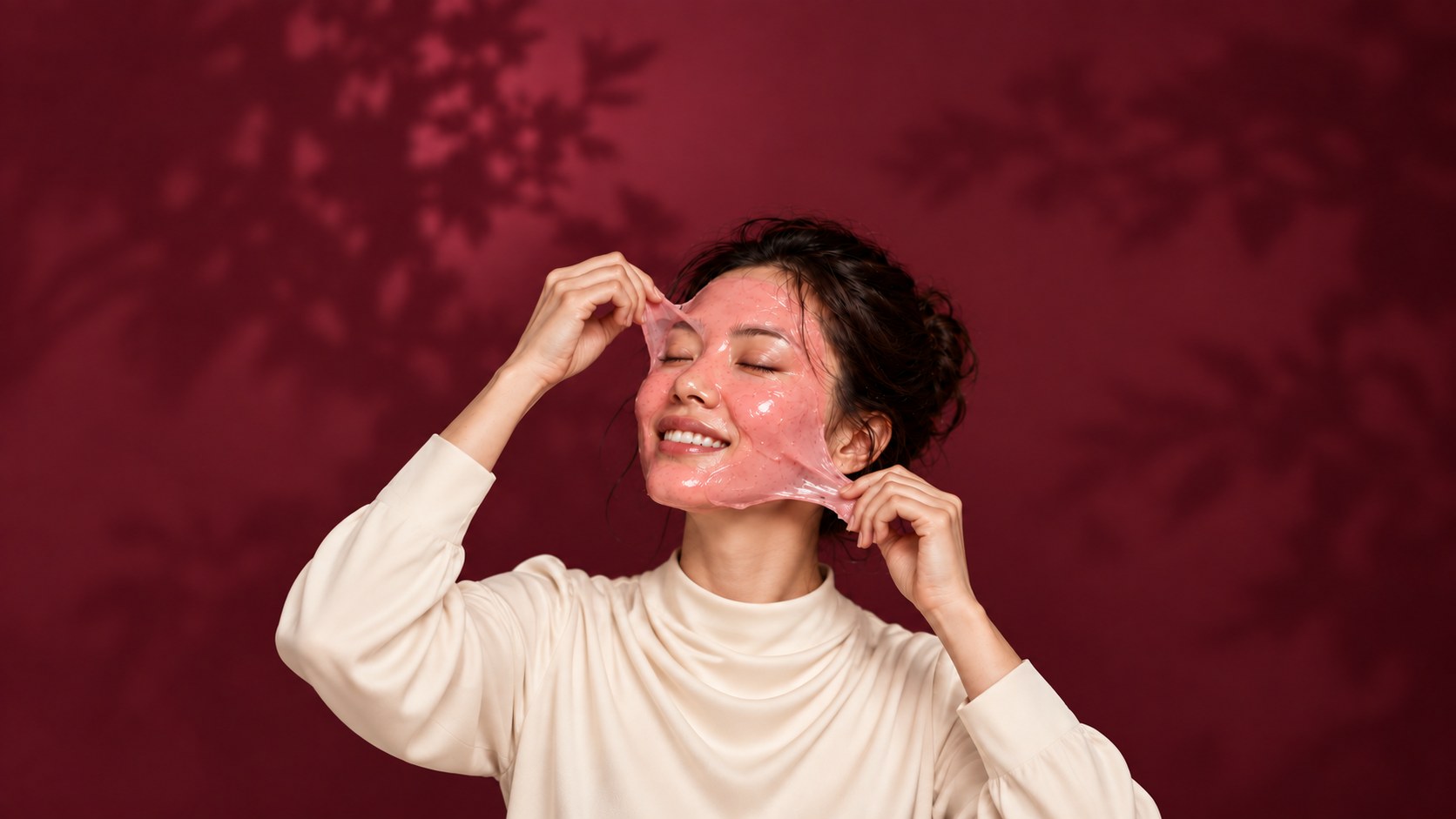 Woman smoothing pink Hydrojelly mask onto her cheek